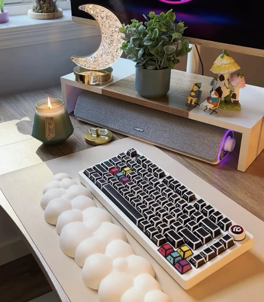 GPBT Sketch Keycaps on a board in a moon and cloud themed desk setup